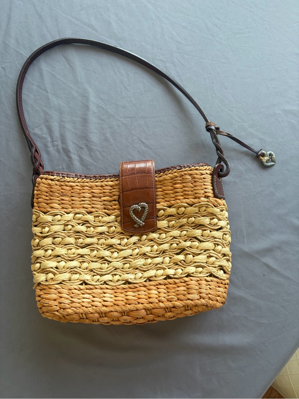 Brighton Sadie Woven Straw Shoulder Bag with Brown Leather Trim